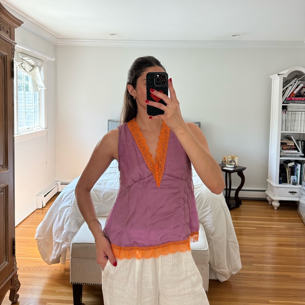 Women's Purple Sleeveless V-Neck Top with Orange Trim